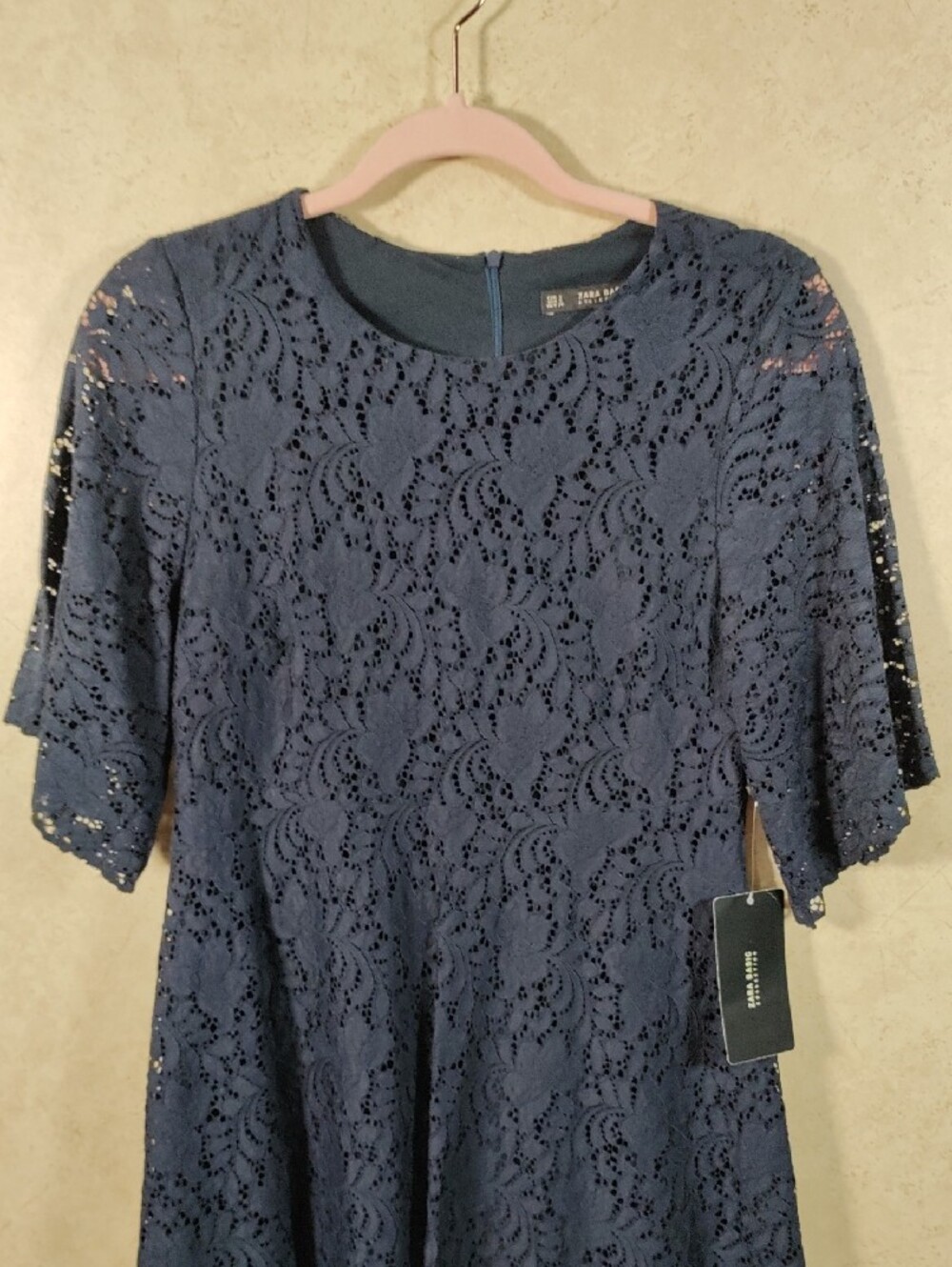 H143 Zara Basic Navy Lace Mini Dress S NWT - Picture 2 of 11